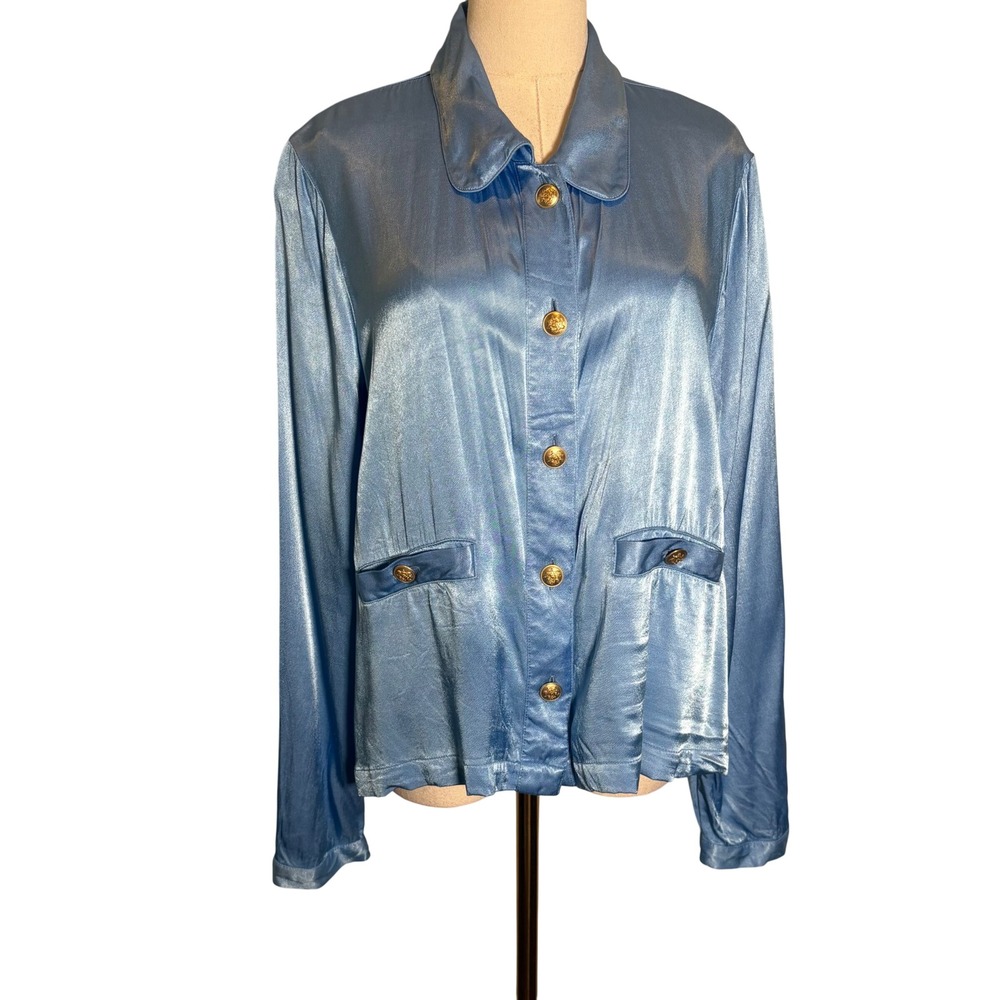 J.Crew Womens XL Light Blue Viscose Button Blouse Gold Crest Buttons